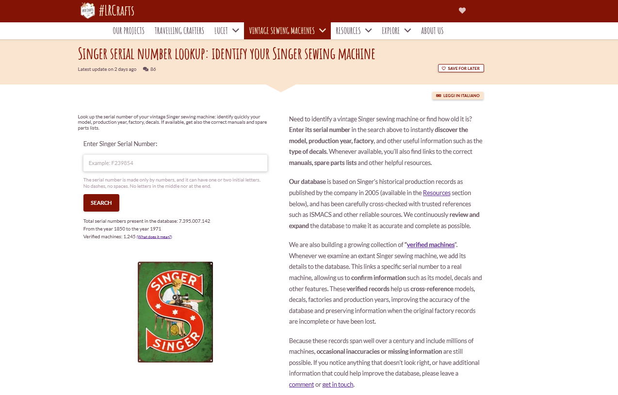 The main page of the Singer vintage sewing machine database